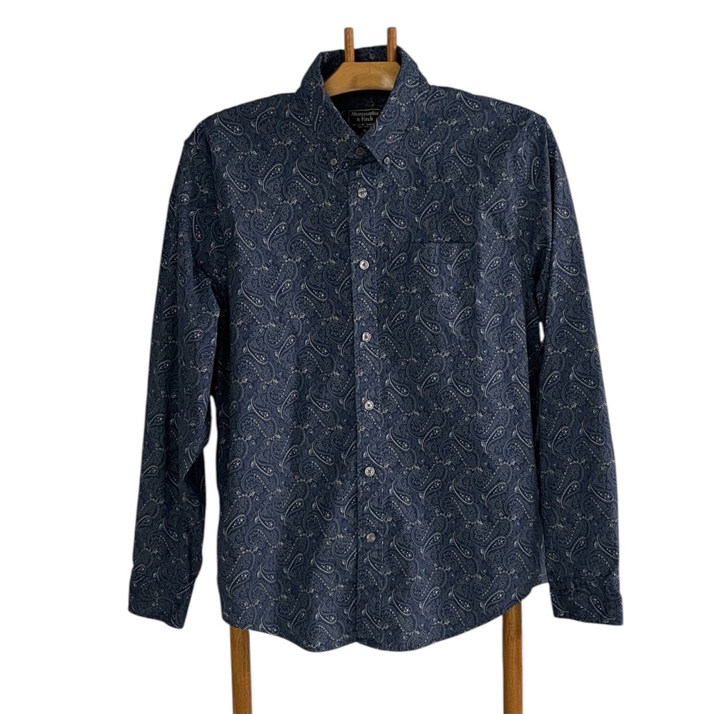 Abercrombie‎ & Fitch Button Down Shirt Men XL Navy Blue Paisley Long Sleeve